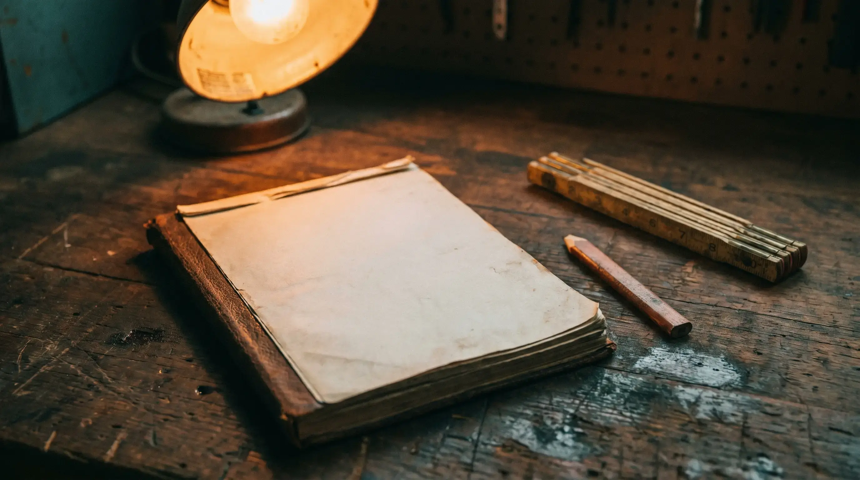 A worn jobs ledger and pencil on a workshop bench under a single lamp
